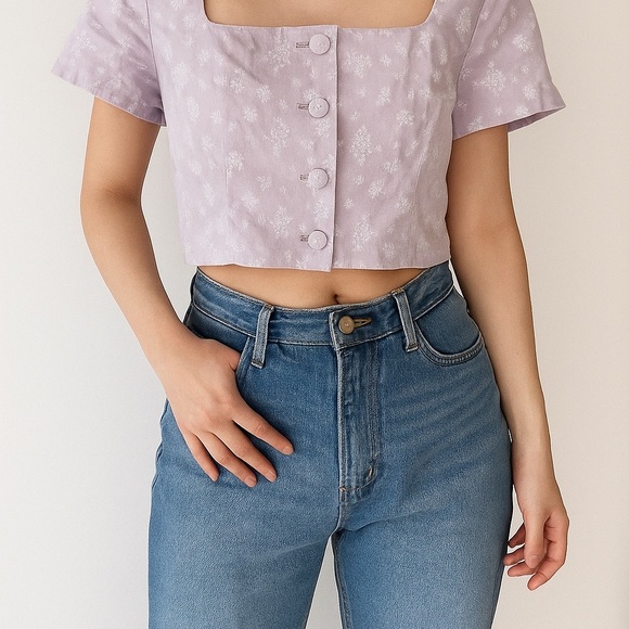 OAK + FORT Tops - Oak + Fort Cropped Short Sleeve Button-Up, Size Medium in Lilac